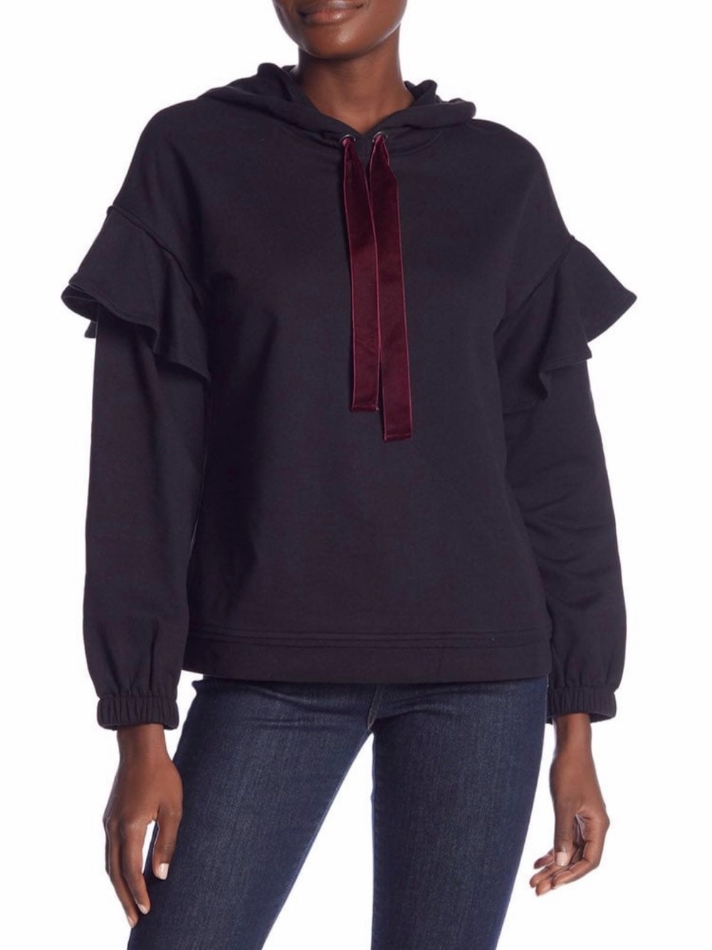 LAUNDRY by Shelli Segal | Black Ruffle Hoodie XS